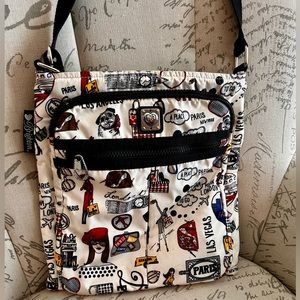 Brighton Cream Colored Nylon Crossbody Messenger Bag w/ Multicolored Tavel Motif